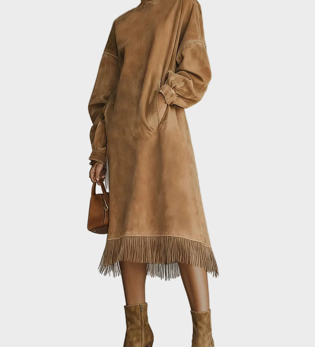 Vestido de Suede con Cuello Alto y Flecos