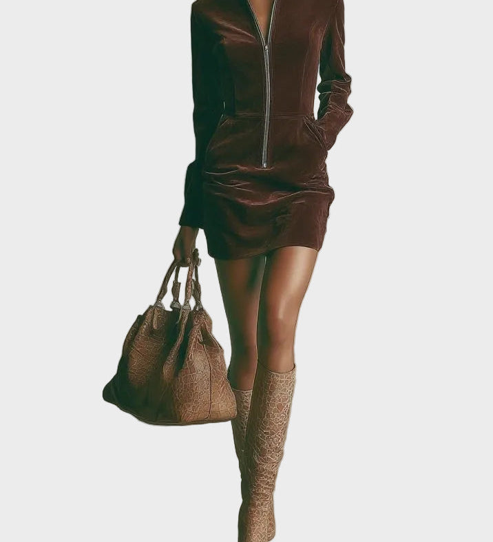 Vestido Mini de Ante Sintético Marrón con Cuello Alto y Cremallera