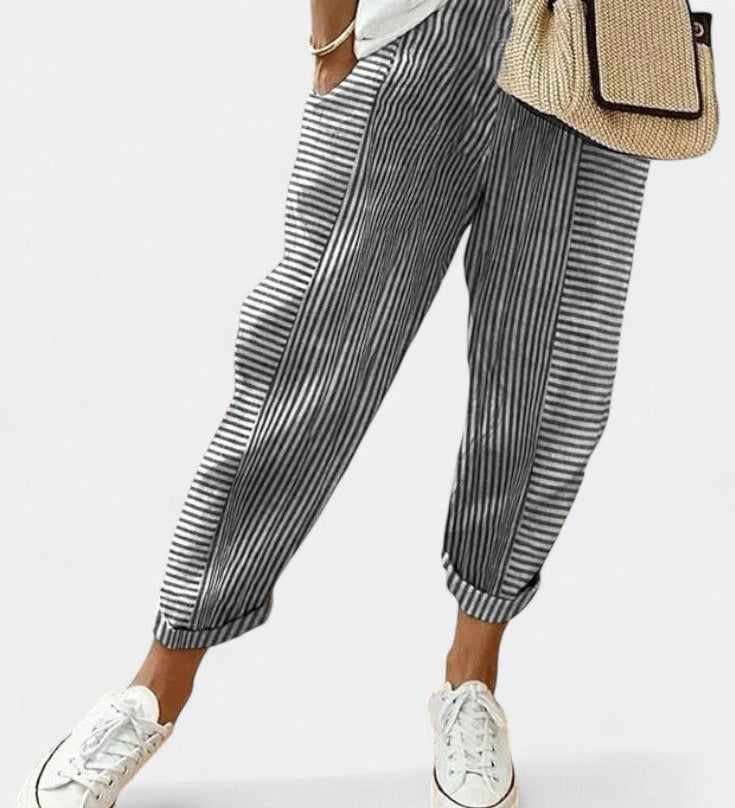 Alba Pantalones de Mezcla de Lino a Rayas
