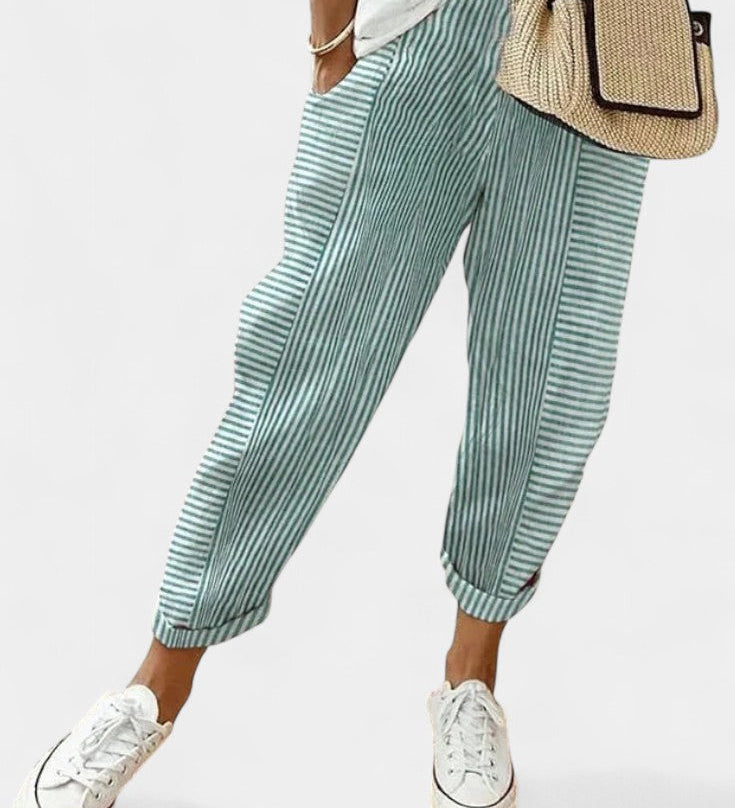 Alba Pantalones de Mezcla de Lino a Rayas