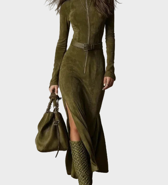 Adrianna - Vestido maxi de ante marrón con cinturón y cremallera