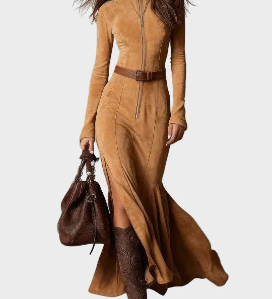 Adrianna - Vestido maxi de ante marrón con cinturón y cremallera