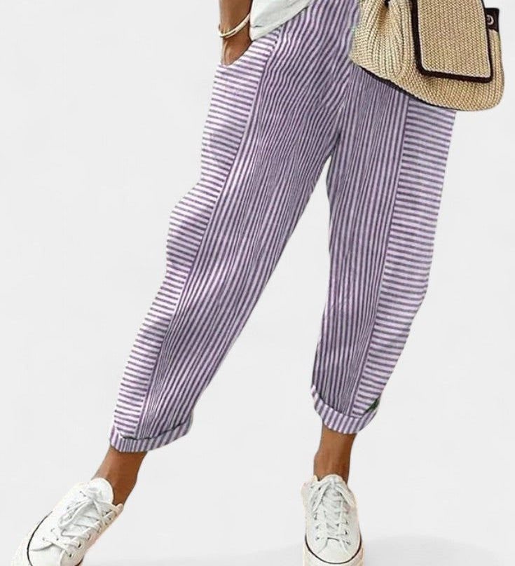 Alba Pantalones de Mezcla de Lino a Rayas